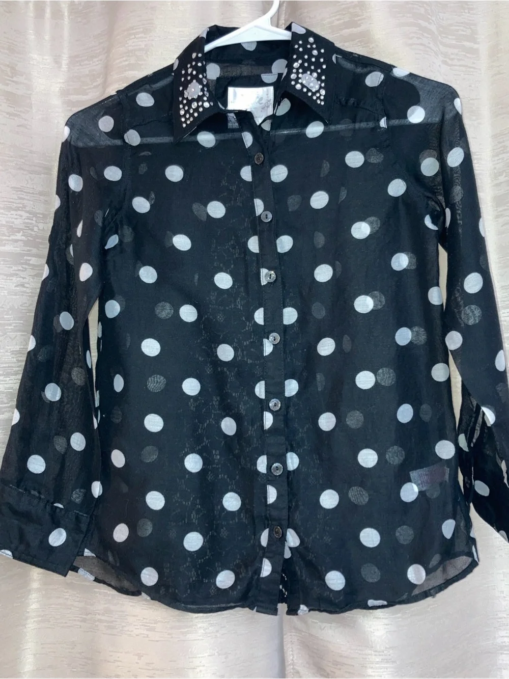 Justice Girls Black Polka Dot Button-Up Shirt with Embellished Collar Size 10